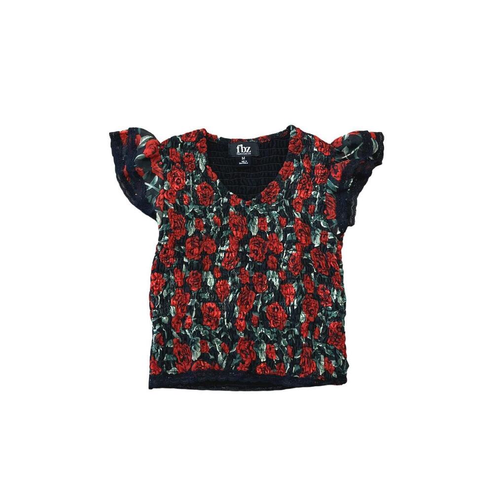 NEW FLOWERS BY ZOE kid's floral v-neck top in black/ red